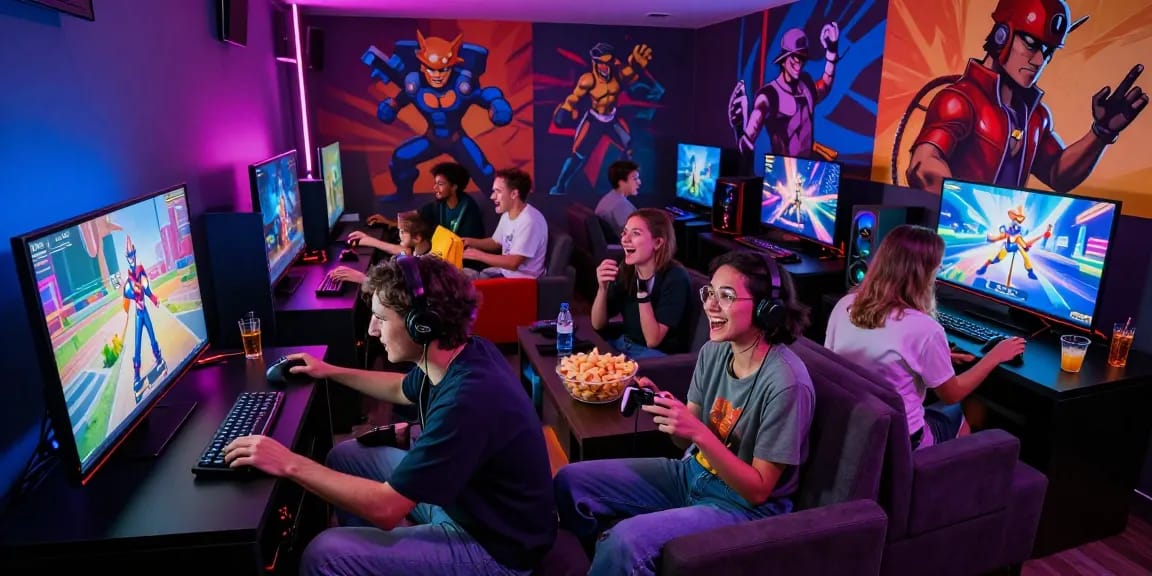 Group of friends playing gay porn games in a vibrant gaming lounge, enjoying their time together.