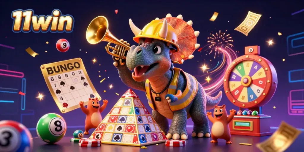 Celebrate at 11win with a triceratops building a poker chip pyramid, surrounded by colorful elements.