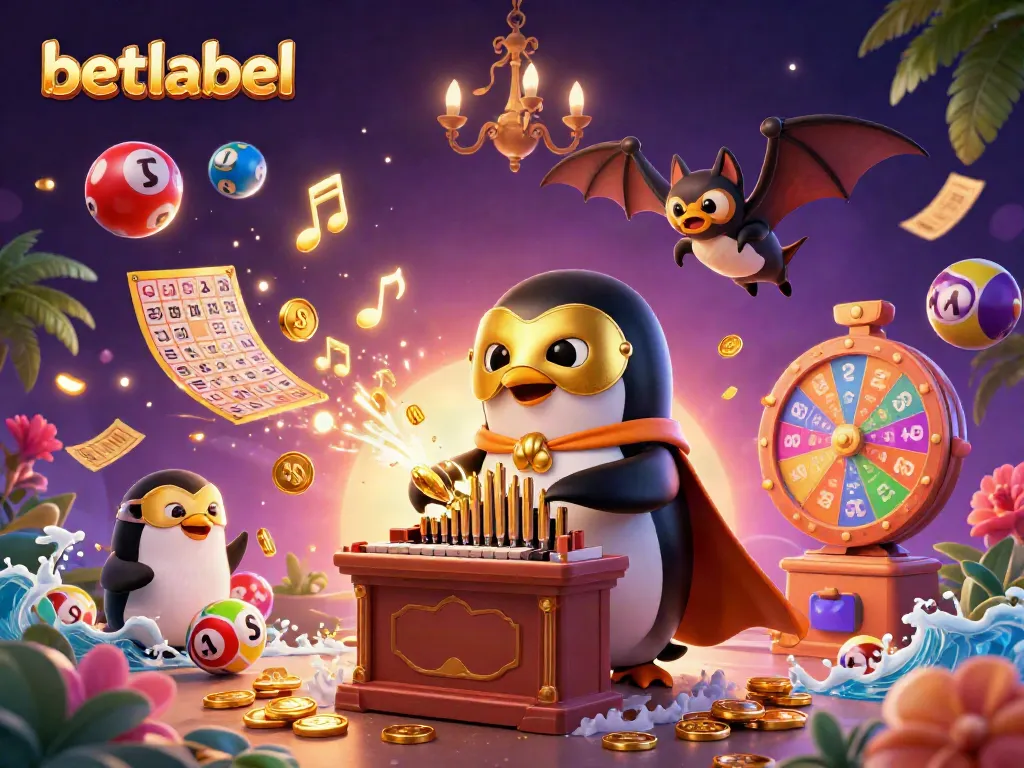 Engage with the vibrant world of betlabel, showcasing a 3D penguin performing magical casino theatrics.