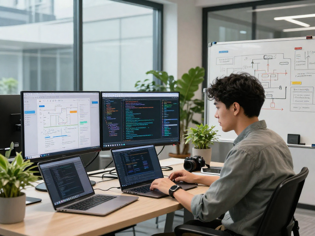Data scientist analyzing hot ai algorithms in a modern tech workspace.