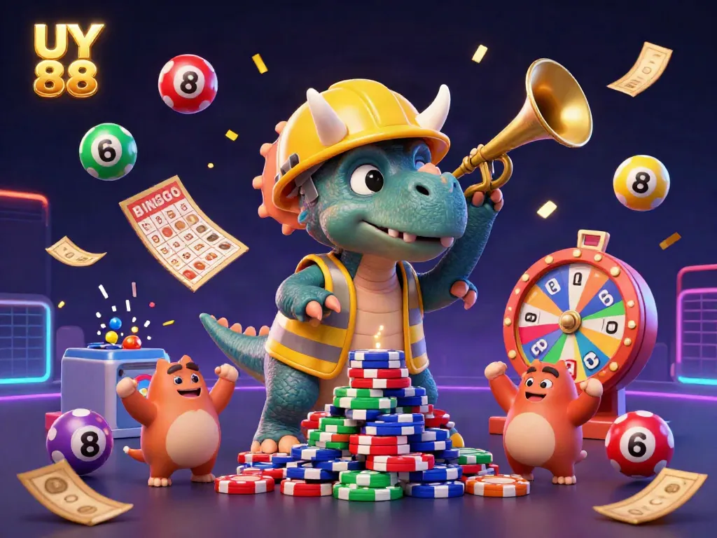 Experience the vibrant excitement of UY 88 with colorful confetti as the triceratops builds poker chips.