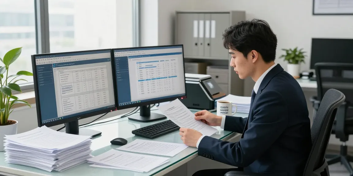 Document fraud detection analysis in a modern office with compliance officer reviewing suspicious papers and dual monitors.