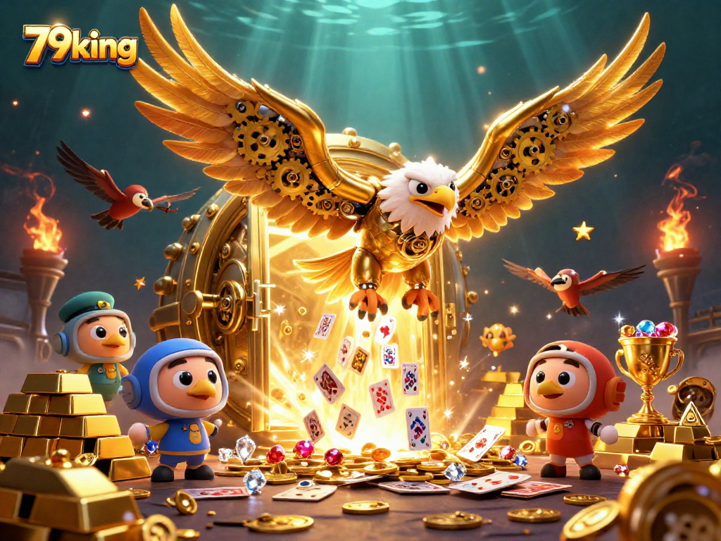 Experience thrilling gameplay with 79king as a golden eagle dives through holographic cards amidst treasure.