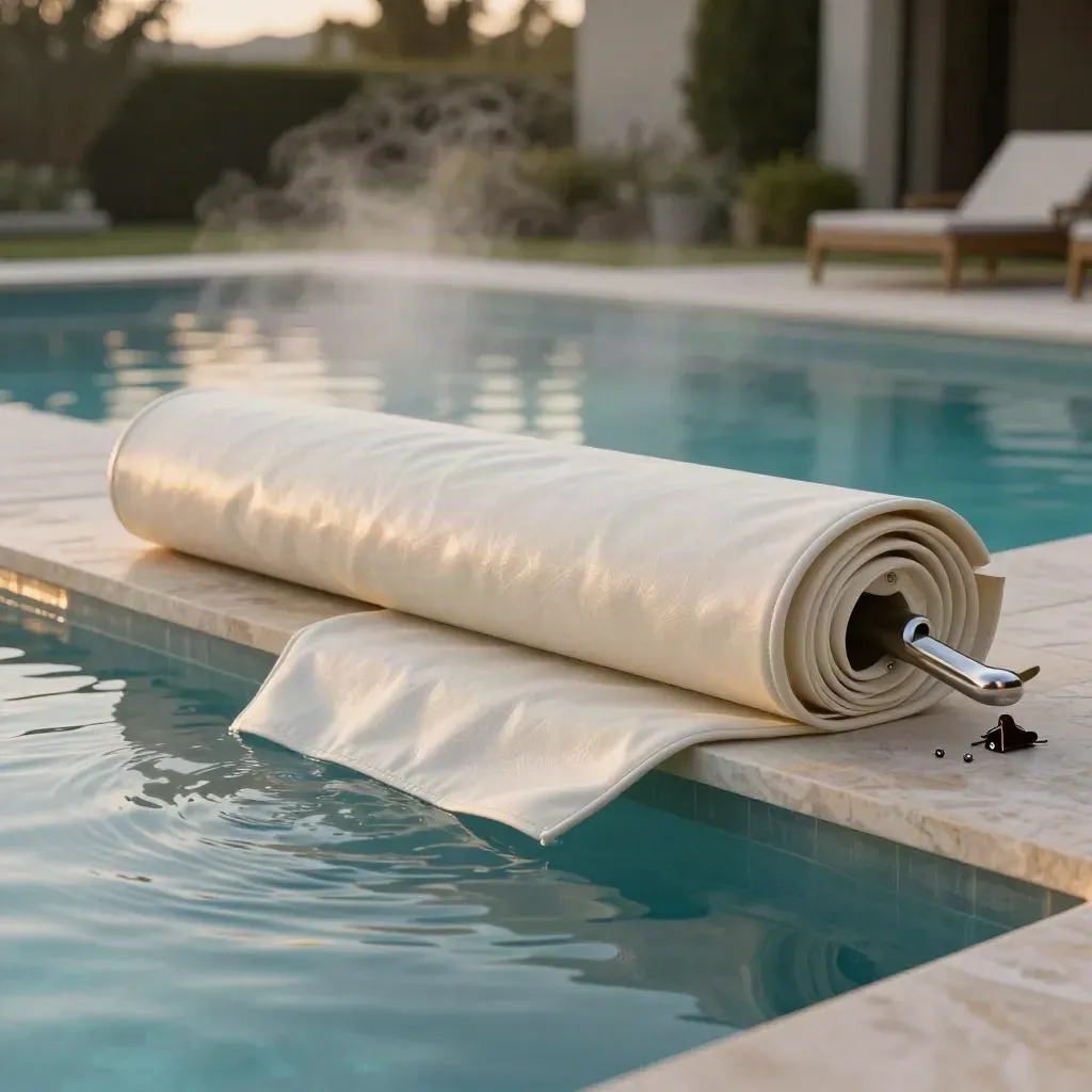 Telo isotermico arrotolato sul bordo piscina con rullo e clip, una punta sollevata sull’acqua.