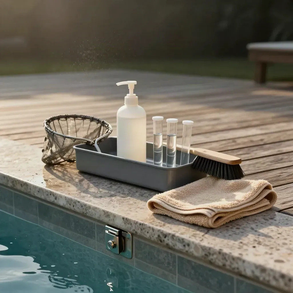Kit estivo per manutenzione piscina con pompa, retino, spazzola, test acqua e asciugamano sul bordo vasca.