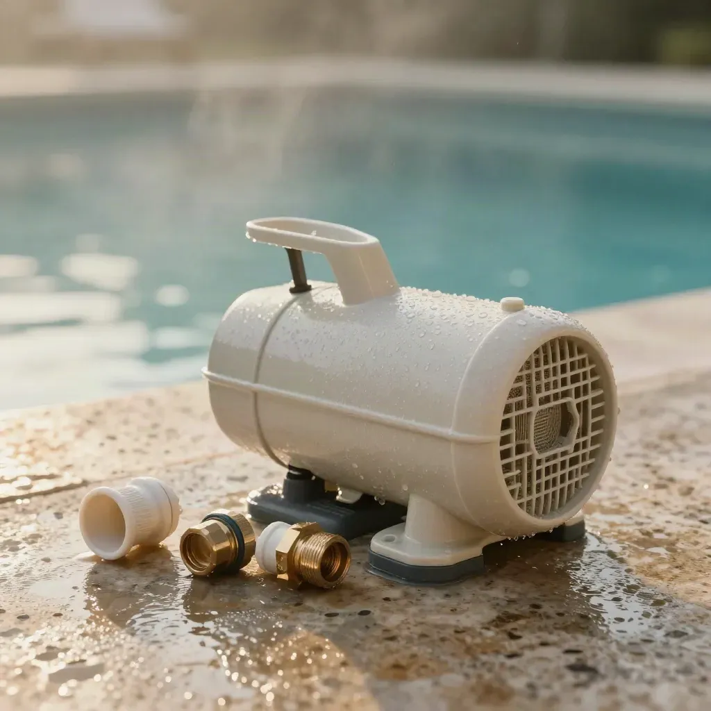 Pompa piscina Gre su pietra bagnata con accessori, luce morbida e atmosfera premium.