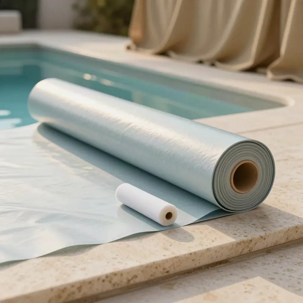 Rotolo di liner PVC azzurro con rullo lisciante e campione piegato in luce calda