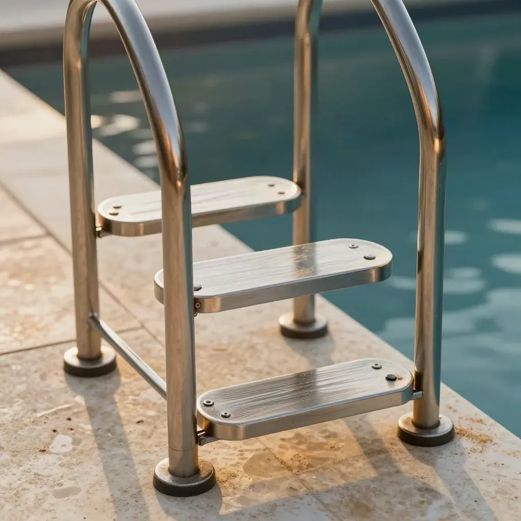 Scala in acciaio inox per piscina, vista macro con dettagli dei gradini e della finitura