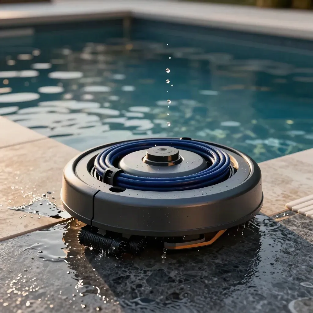 Robot pulitore per piscina bagnato sul bordo vasca, con cavo e cestello filtro, luce drammatica.