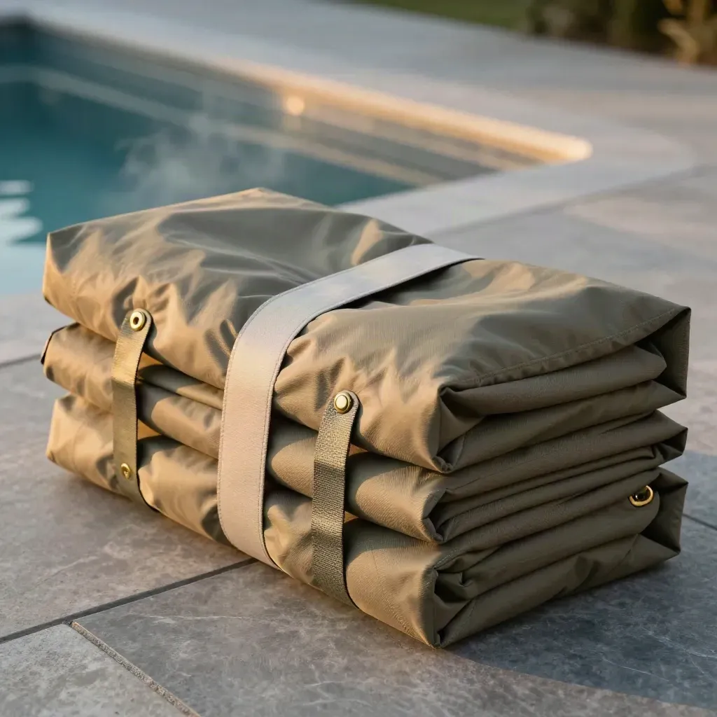 Copertura invernale piegata con cinghie e occhielli su pavimento in cemento vicino alla piscina