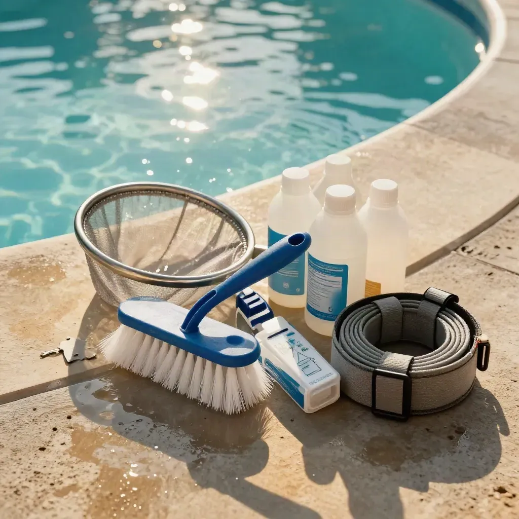 Kit pulizia piscina con spazzola, rete, test e flaconi accanto all'acqua turchese.