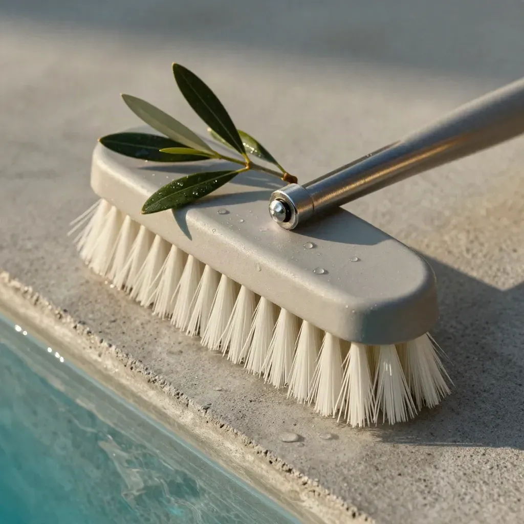 Spazzola curva per piscina con setole rigide, giunto palo e foglie bagnate su cemento.