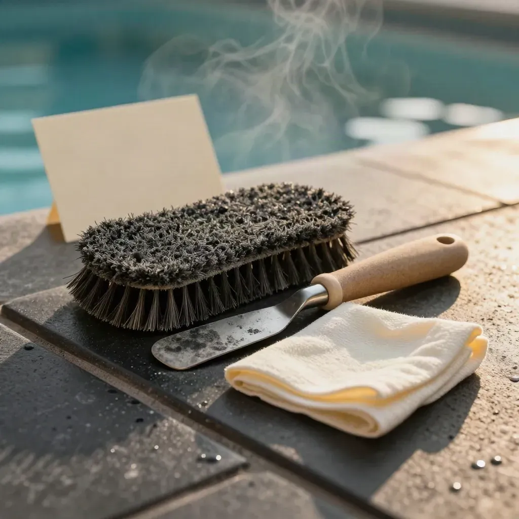 Kit pulizia bordo piscina con spazzola, raschietto, panno e pad su fondo scuro umido.