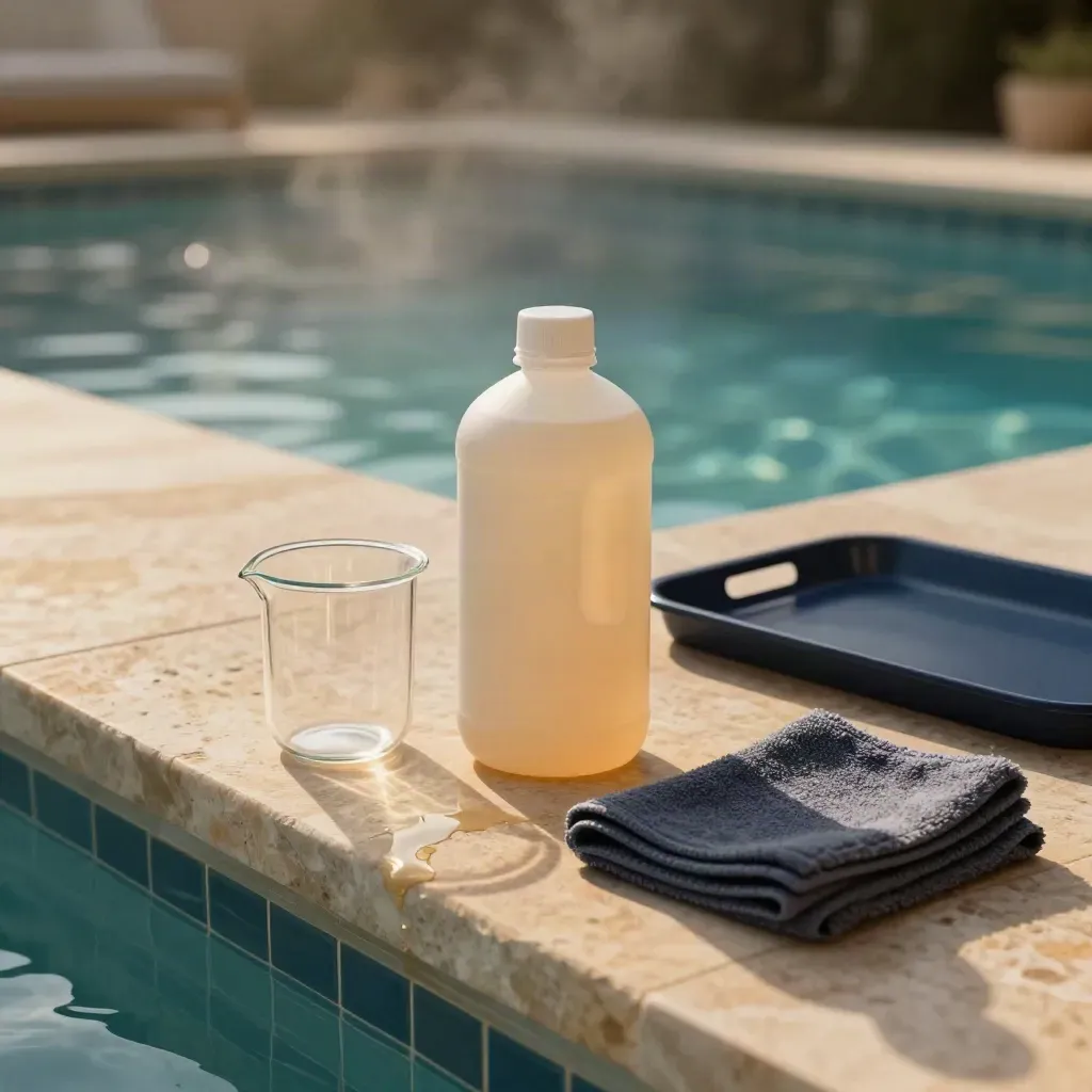 Bottiglia di flocculante per piscina con becher su bordo in pietra, luce morbida e acqua velata