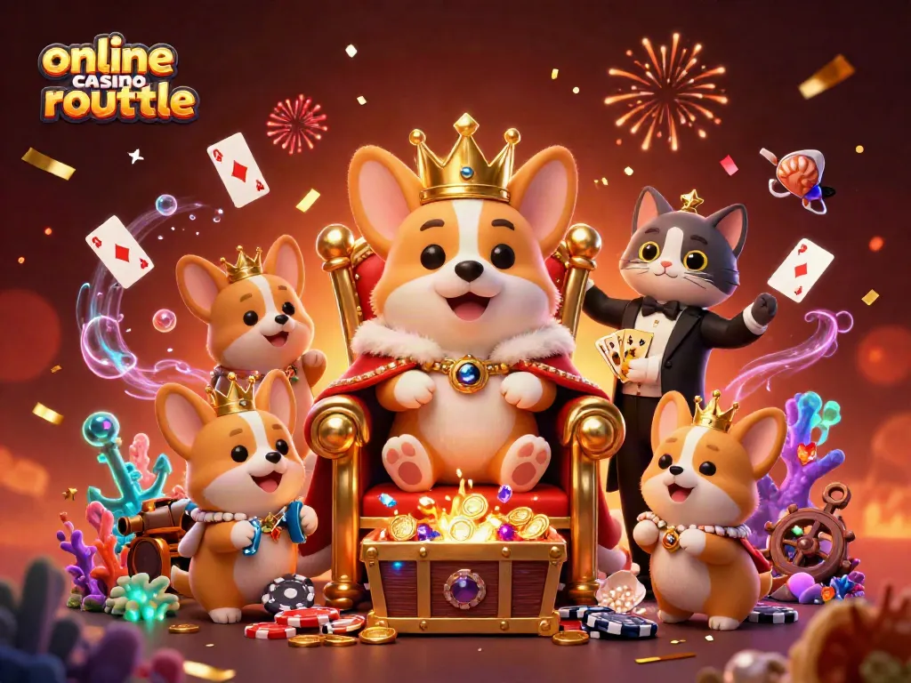 Experience the thrill of online casino roulette with this colorful 3D illustration showcasing a royal corgi and a cat butler.