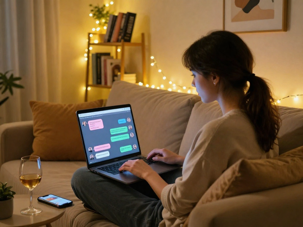Engaging in a sex chat AI experience on a cozy couch, showcasing vibrant chat interface and intimate surroundings.