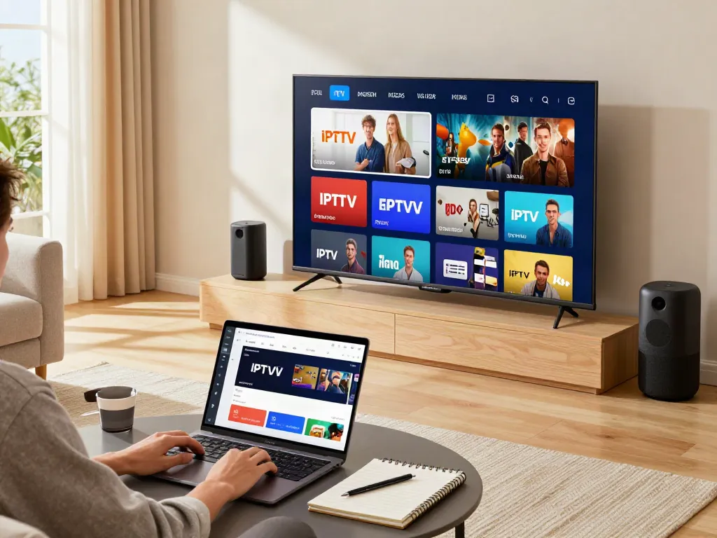 test iptv setup with smart TV and laptop in stylish living room