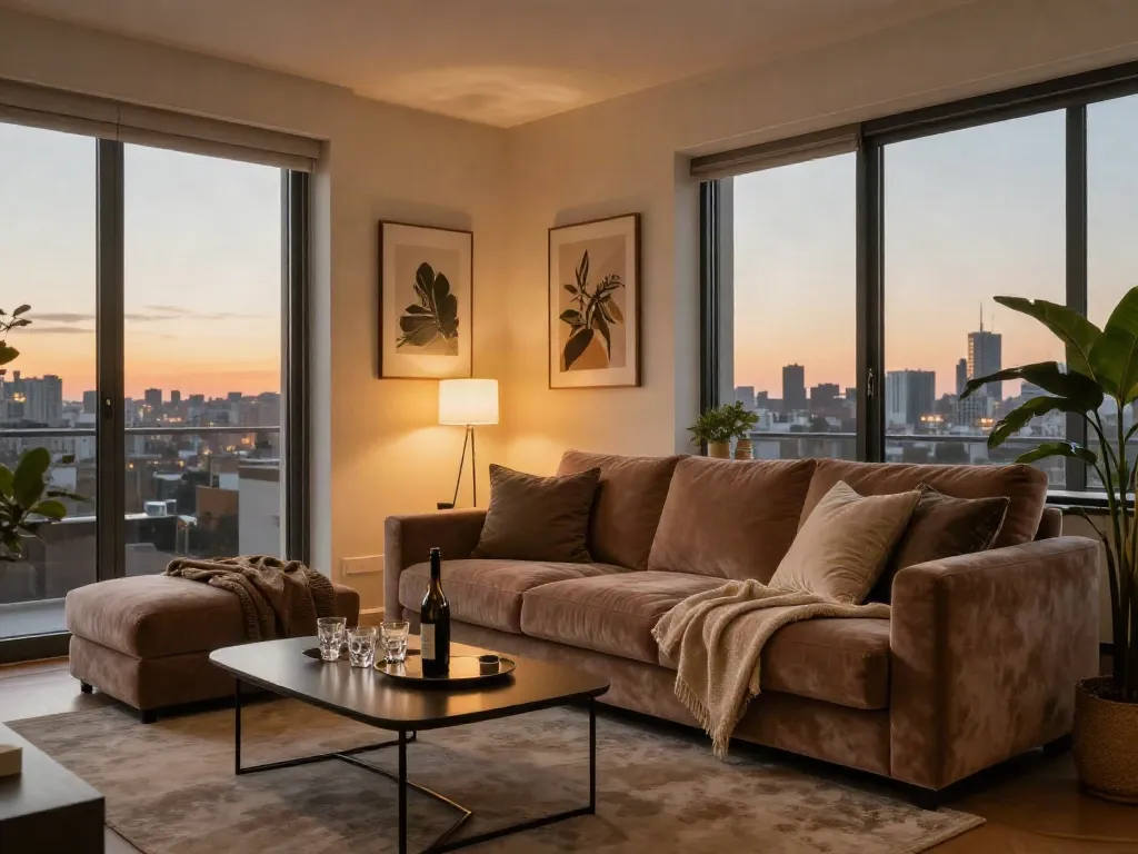 Elegant living room design in a luxurious דירות דיסקרטיות, showcasing comfort and style.